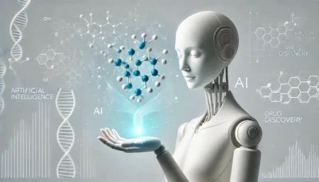 Ilustración minimalista de inteligencia artificial sosteniendo una molécula para descubrimiento de fármacos