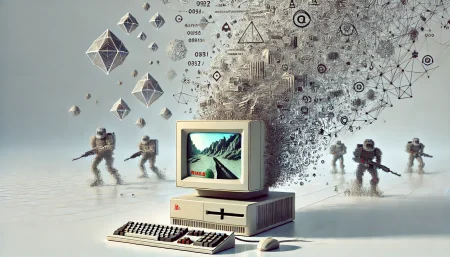 Imagen conceptual de una inteligencia artificial generando videojuegos clásicos como Quake II, con estilo surrealista y minimalista sobre fondo blanco. Representa el uso de IA en la preservación y desarrollo de videojuegos.