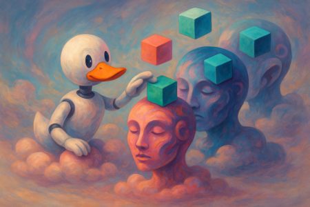 Pintura surrealista de un pato robótico interactuando con cabezas humanas flotantes y cubos simbólicos