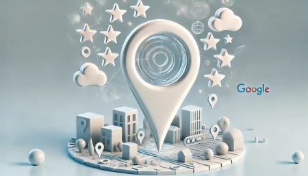 Ilustración surrealista minimalista de una lupa con forma de pin de Google Maps analizando reseñas falsas flotantes sobre fondo blanco