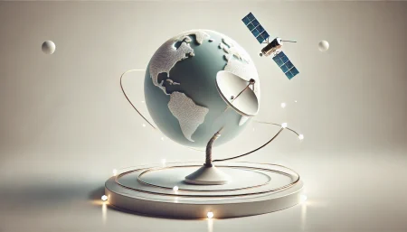 Imagen surrealista y minimalista sobre fondo blanco que representa el internet satelital de Amazon con Project Kuiper. Muestra un plato satelital pequeño conectado a un satélite LEO orbitando la Tierra, simbolizando la conectividad global de alta velocidad.