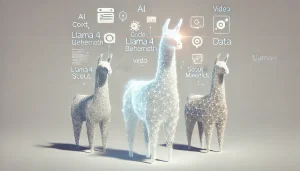 “Ilustración subrealista y minimalista de modelos Llama 4 de Meta representados por llamas abstractas con íconos de datos y tecnología”