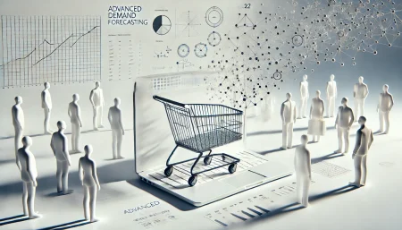 Ilustración surrealista y minimalista con fondo blanco que representa un modelo de predicción de demanda en empresas. Se muestra un carrito de compras transparente flotando rodeado de siluetas fantasmales de clientes no visibles y un portátil que emite formas geométricas como representación de un modelo matemático de inteligencia artificial.