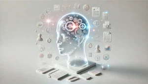 Ilustración surrealista minimalista de una cabeza translúcida con engranajes brillantes y documentos flotantes, simbolizando la app de IA NotebookLM y la organización digital en móviles.