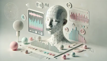 Imagen conceptual de un personaje generado por inteligencia artificial que habla de forma realista, inspirada en la tecnología MoCha de Meta. Estilo minimalista, con fondo blanco y elementos simbólicos como ondas de audio y pantallas digitales. Ideal para ilustrar avances en generación de vídeo con IA.