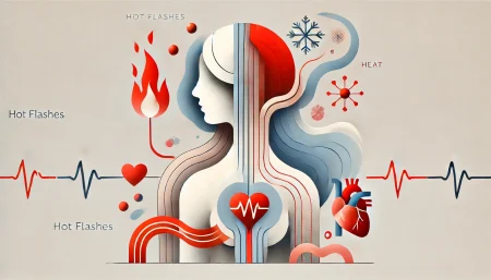 Representación artística de una mujer dividida entre calor de sofocos y salud del corazón, relacionada con la menopausia.