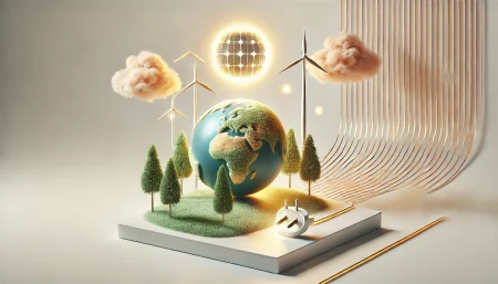 Ilustración subrealista minimalista de la transición global hacia energías renovables con energía solar y eólica