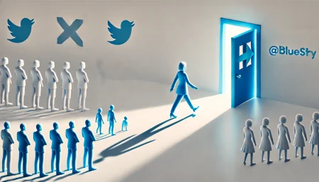 Imagen conceptual de estilo minimalista que representa a Hillary Clinton alejándose de la red social X hacia Bluesky, destacando el cambio político y social en el entorno digital