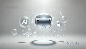 Ilustración surrealista y minimalista sobre visionOS 3 para Apple Vision Pro, con un visor flotante y elementos que representan inteligencia artificial, Siri y apps espaciales sobre fondo blanco.