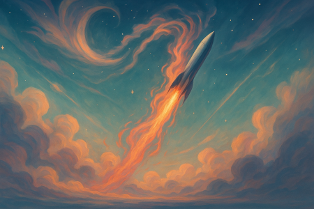 ilustración surrealista de cohete cayendo entre nubes y estrellas