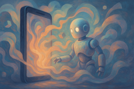 Asistente de inteligencia artificial emergiendo de un móvil entre formas abstractas y etéreas, representando la generación de código con IA