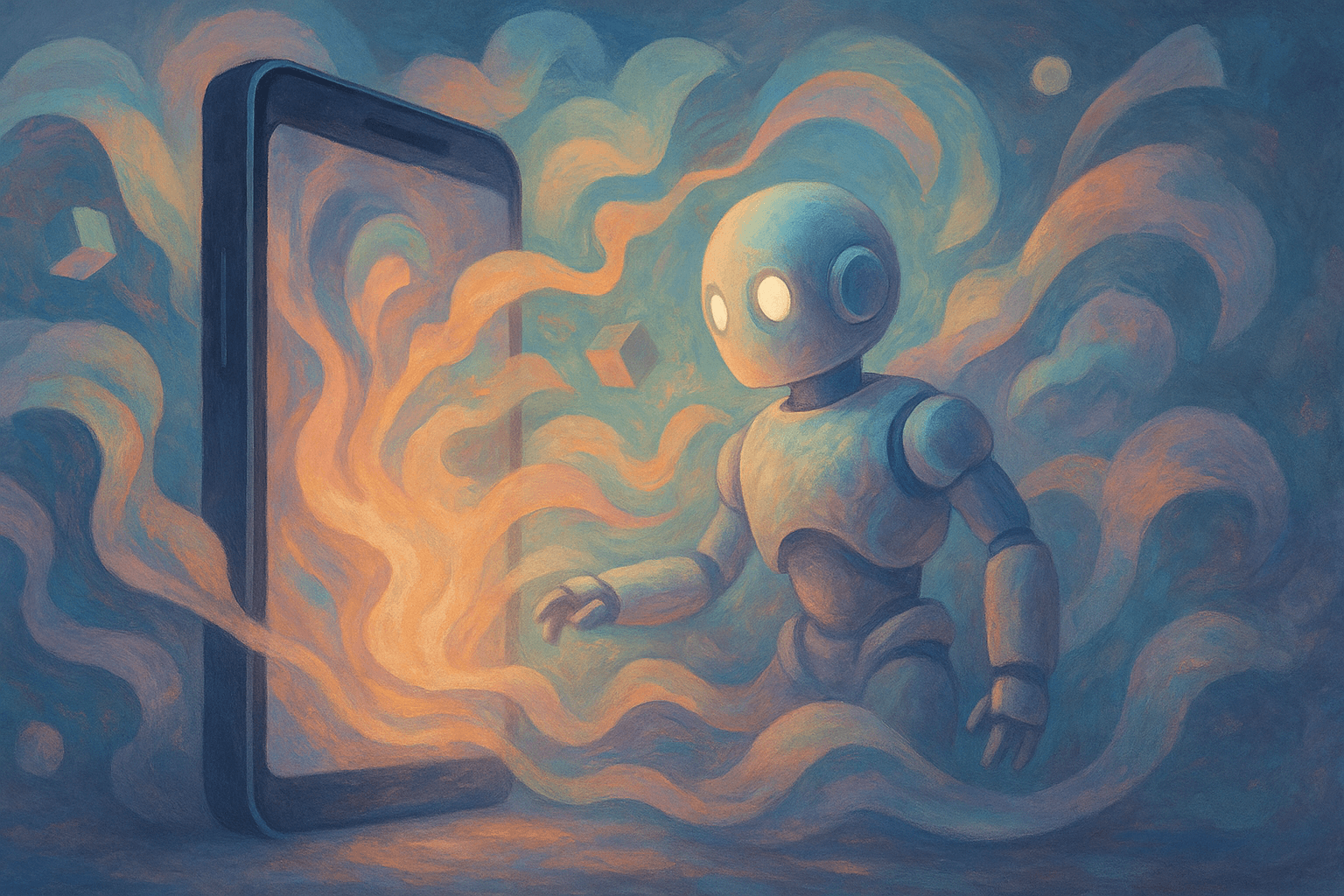 Asistente de inteligencia artificial emergiendo de un móvil entre formas abstractas y etéreas, representando la generación de código con IA