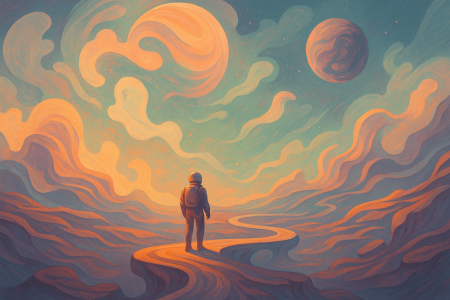 Astronauta solitario en Marte rodeado de nubes abstractas y paisajes surrealistas en una escena onírica