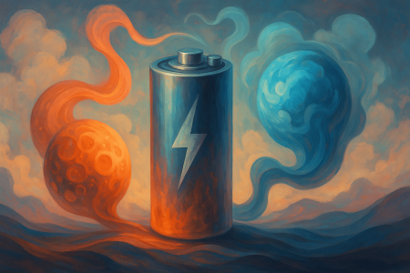 Batería de silicio surrealista entre esferas energéticas, simbolizando tecnología de carga rápida y alta duración.