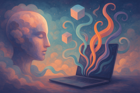 Cabeza abstracta observando código en laptop con formas coloridas emergentes