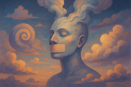 Cabeza surrealista con boca tapada flotando entre nubes, simbolizando los riesgos del mouth taping durante el sueño.