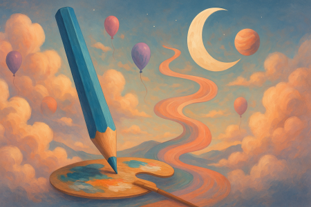 Ilustración surrealista de lápiz y paleta flotando entre nubes y planetas, representando la edición de imágenes con inteligencia artificial.