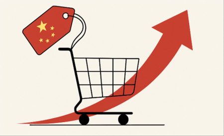 Carrito de compras con etiqueta de China y flecha ascendente roja, simbolizando el aumento de precios por aranceles