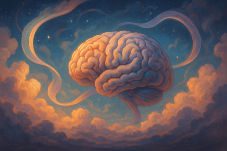 Cerebro flotante surrealista entre nubes y luz suave simbolizando rejuvenecimiento cerebral