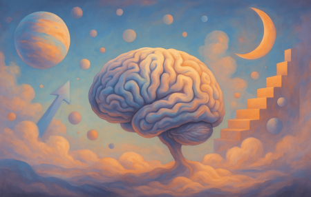 Representación surrealista de un cerebro flotando sobre nubes, rodeado de elementos oníricos como orbes brillantes, una escalera dorada y un cielo con tonos suaves, simbolizando el crecimiento de la inteligencia artificial.