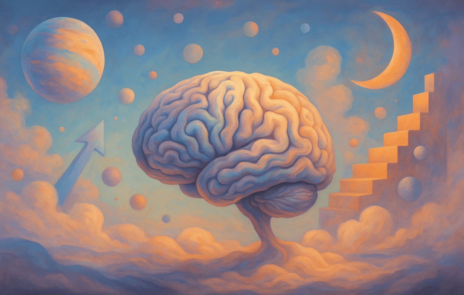 Representación surrealista de un cerebro flotando sobre nubes, rodeado de elementos oníricos como orbes brillantes, una escalera dorada y un cielo con tonos suaves, simbolizando el crecimiento de la inteligencia artificial.