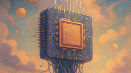 Chip de inteligencia artificial flotando en un entorno surrealista, representando restricciones de exportación tecnológicas globales.