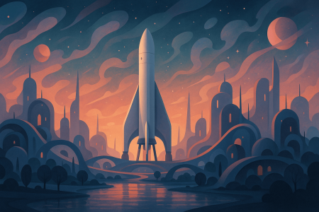 ilustración surrealista de ciudad futurista con cohete central, inspirada en Starbase de Elon Musk