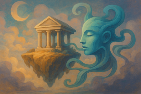 Ilustración surrealista de un templo flotante y una figura etérea representando la conciencia y el control ético en la inteligencia artificial de OpenAI.