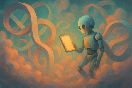 Ilustración surrealista de un robot generando código con inteligencia artificial entre nubes y luces suaves