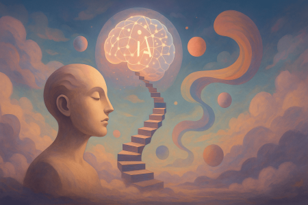 Ilustración surrealista del aprendizaje humano guiado por la inteligencia artificial