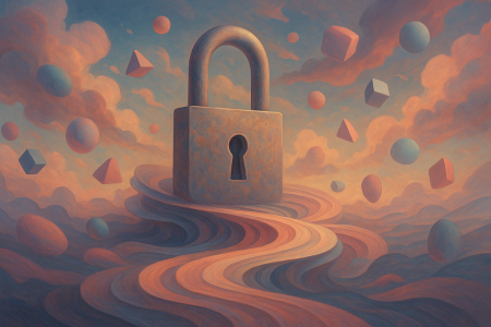 Ilustración surrealista de un candado en un entorno abstracto que representa vulnerabilidades digitales y protección de datos en empresas confiables.