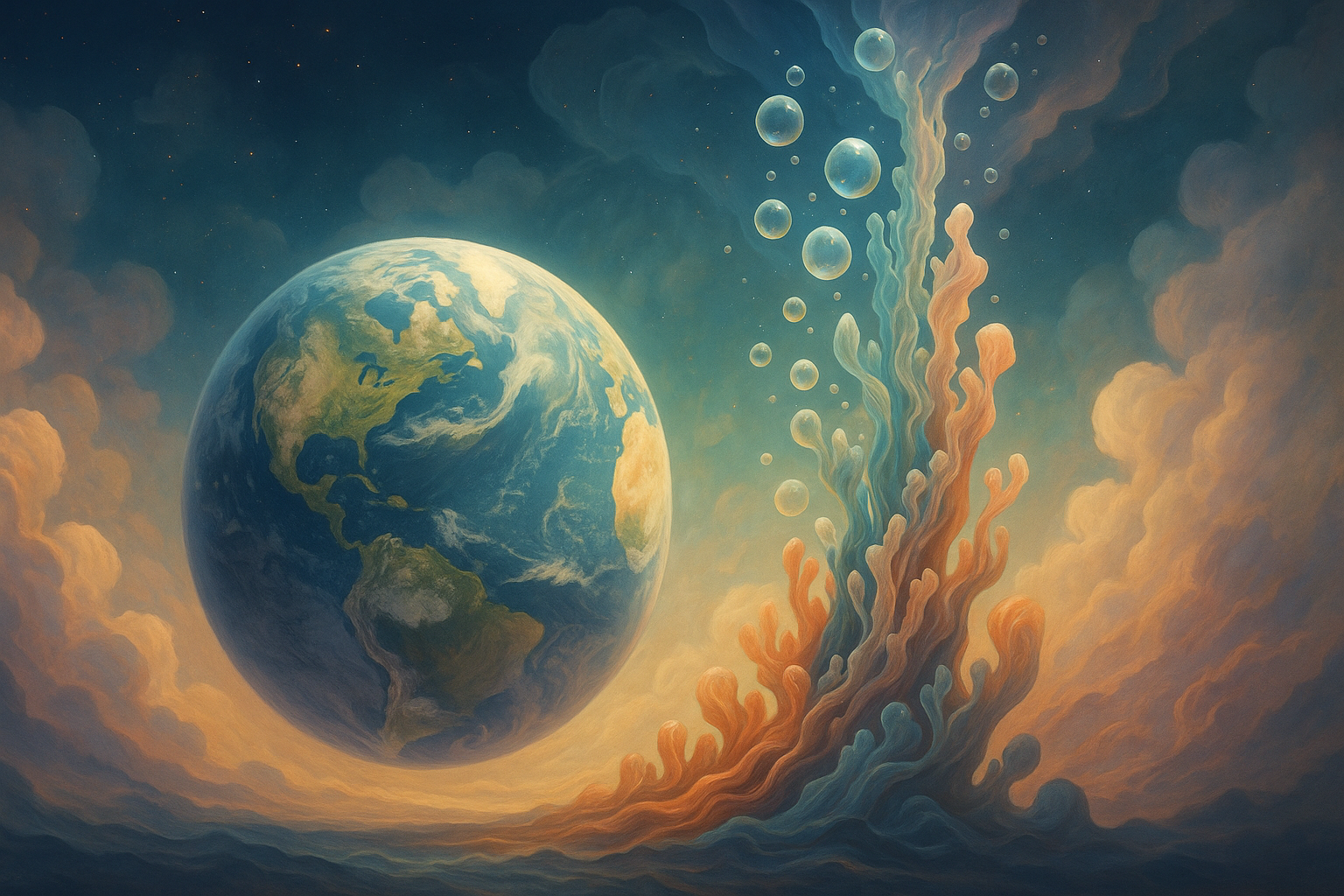 Ilustración digital surrealista de la Tierra flotando junto a formaciones etéreas que simbolizan la producción de oxígeno en un ambiente cósmico.