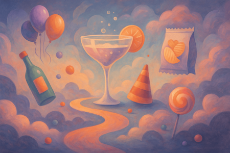 Ilustración onírica de una fiesta con bebidas, snacks y globos flotando en un paisaje de nubes pastel.