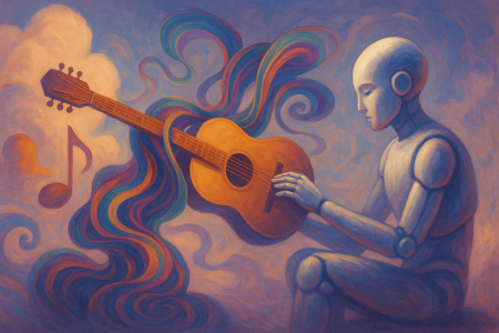 IA componiendo música con guitarra flotante y cuerdas oníricas en estilo surrealista