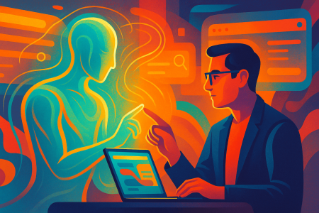 Ilustración abstracta colorida de un humano interactuando con un asistente de inteligencia artificial sobre un fondo digital, representando el uso de Project Mariner de Google.