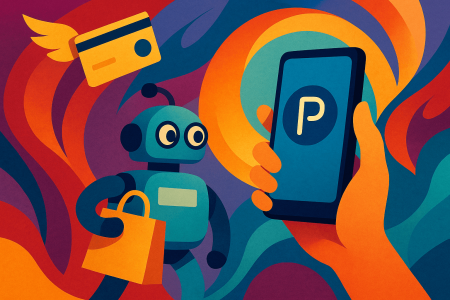 Ilustración abstracta colorida de un robot con bolsa de compras y una mano humana usando móvil con logo de PayPal,