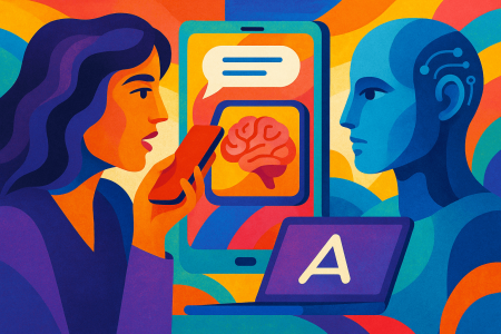 Ilustración abstracta colorida de una mujer interactuando con una inteligencia artificial humanoide mediante dispositivos tecnológicos, representando la integración de Gemini en productos cotidianos.