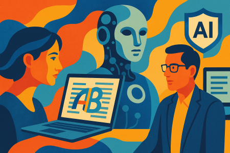 Ilustración abstracta de IA en Microsoft Edge con traducción, seguridad y productividad.