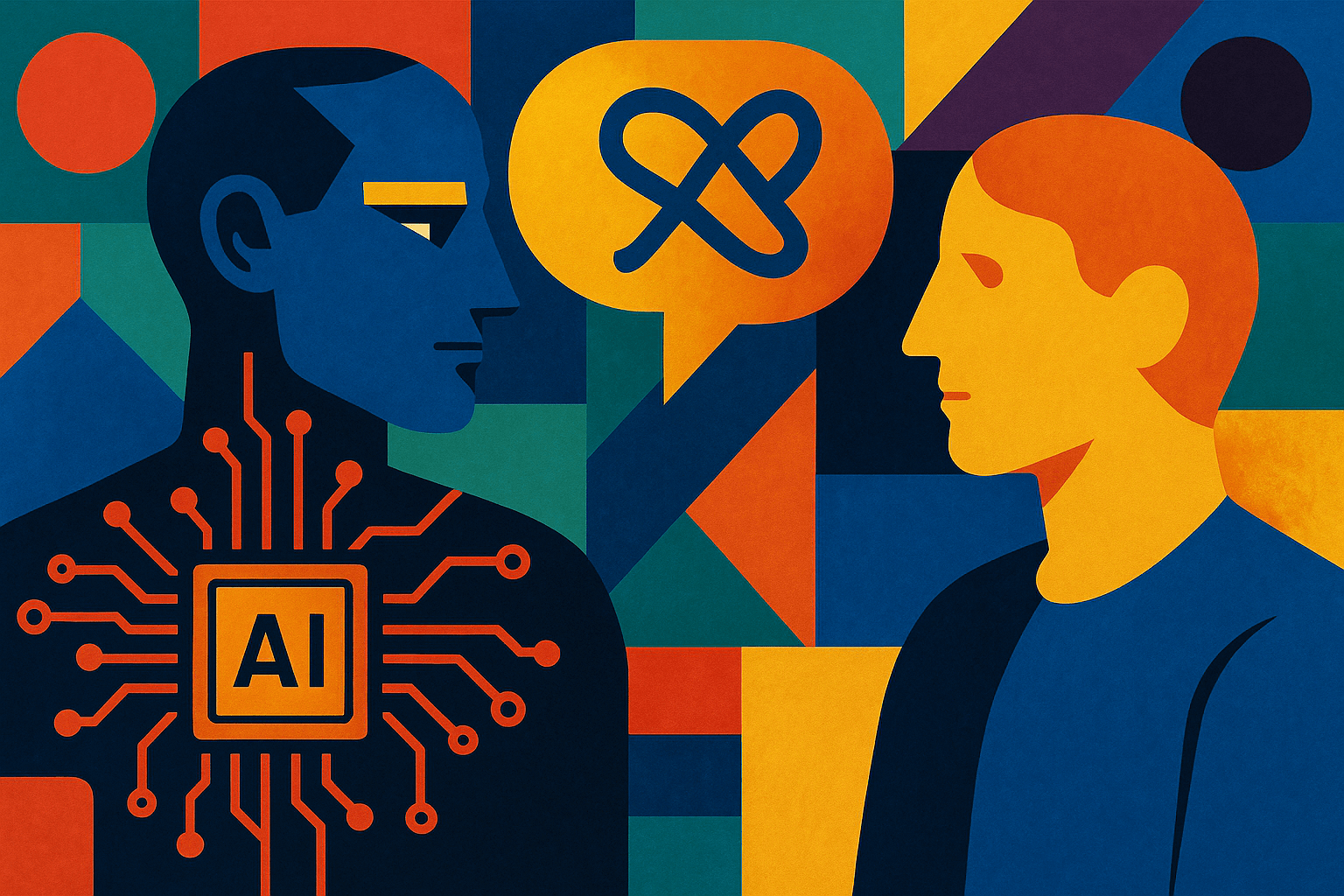 Ilustración abstracta y colorida de un humano y una inteligencia artificial frente a frente, simbolizando el análisis del contexto suficiente en sistemas RAG empresariales.