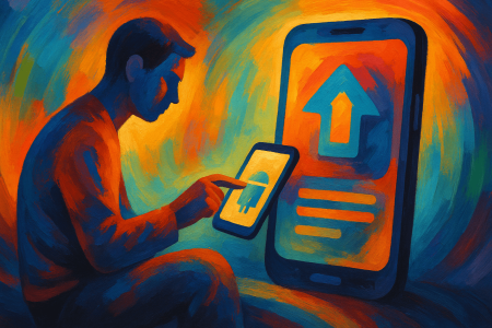 Ilustración abstracta y colorida de una persona revisando su móvil tras una actualización de Android