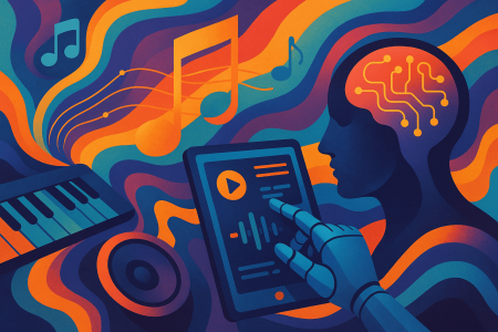 Ilustración artística colorida de una inteligencia artificial componiendo música en tiempo real con una interfaz táctil, rodeada de notas musicales, sintetizadores y ondas sonoras abstractas.