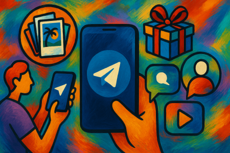 Ilustración artística colorida estilo expresionista que representa nuevas funciones de Telegram