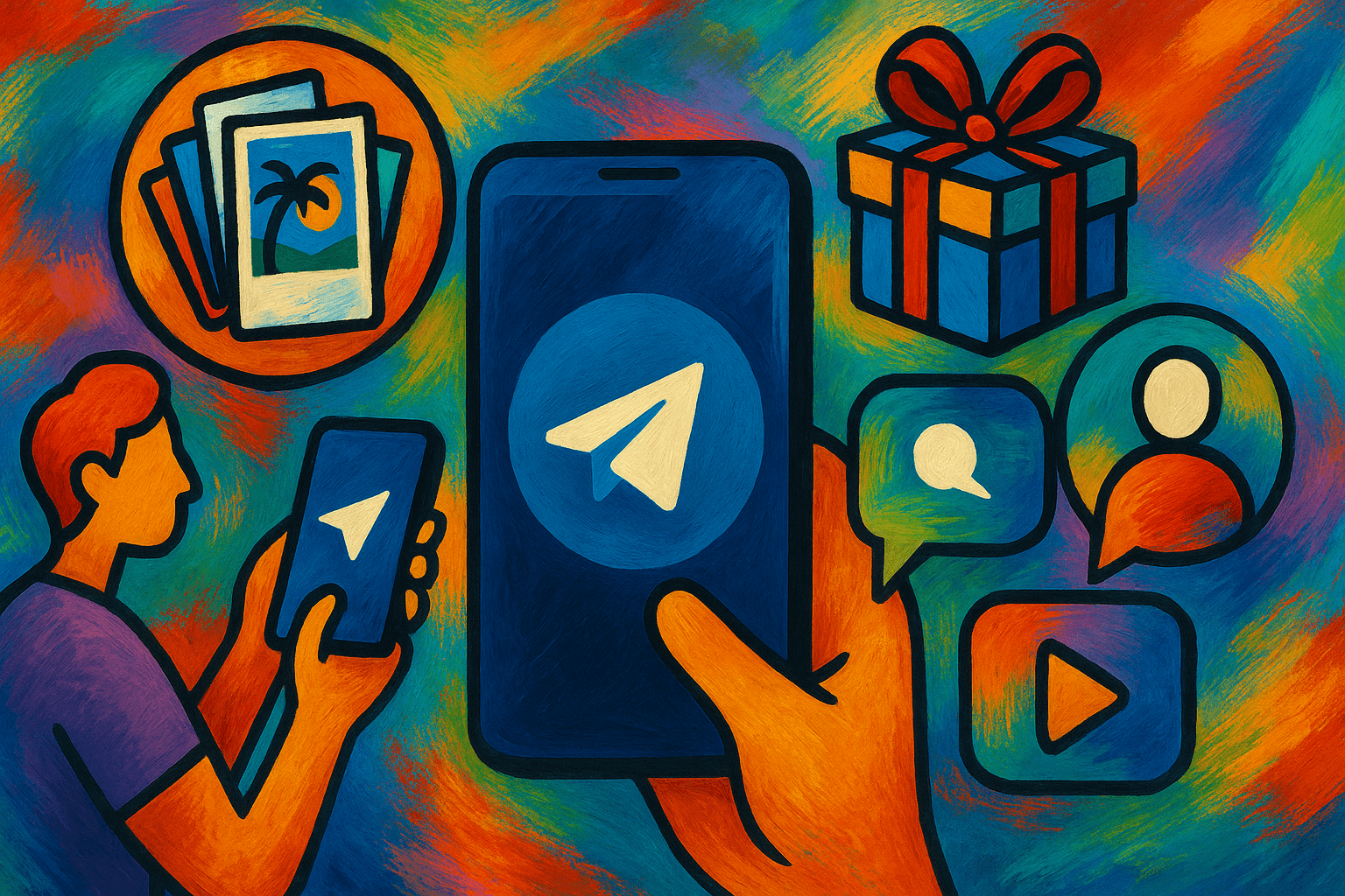 Ilustración artística colorida estilo expresionista que representa nuevas funciones de Telegram