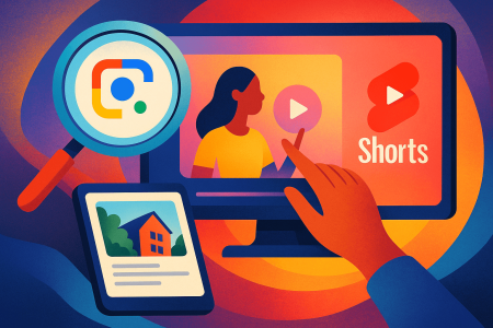 Ilustración artística del uso de Google Lens dentro de YouTube Shorts, con un estilo moderno y colorido, mostrando una lupa y una mano interactuando con un vídeo corto.