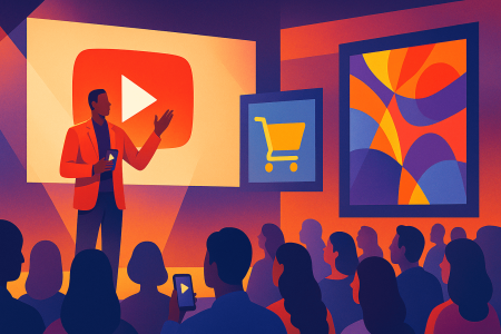 Ilustración artística de Brandcast YouTube con publicidad y compras en CTV