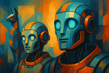 Ilustración artística de dos robots futuristas con diseño geométrico, uno de tamaño medio y otro más grande, simbolizando modelos de inteligencia artificial como Mistral Medium 3 y Llama 4, con una figura de llama al fondo en estilo abstracto, representando competencia tecnológica en IA empresarial.