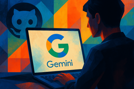 Ilustración artística de estilo abstracto con una persona frente a un portátil mostrando el logo de Google Gemini,
