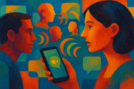 Ilustración artística de personas hablando mediante chats de voz en una app de mensajería