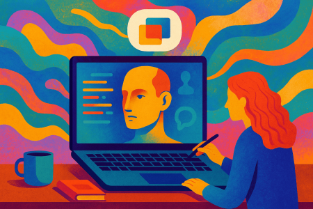 Ilustración artística de un asistente de inteligencia artificial mostrando respuestas en tiempo real en un portátil, con una persona interactuando mientras un rostro humanoide emerge de la pantalla