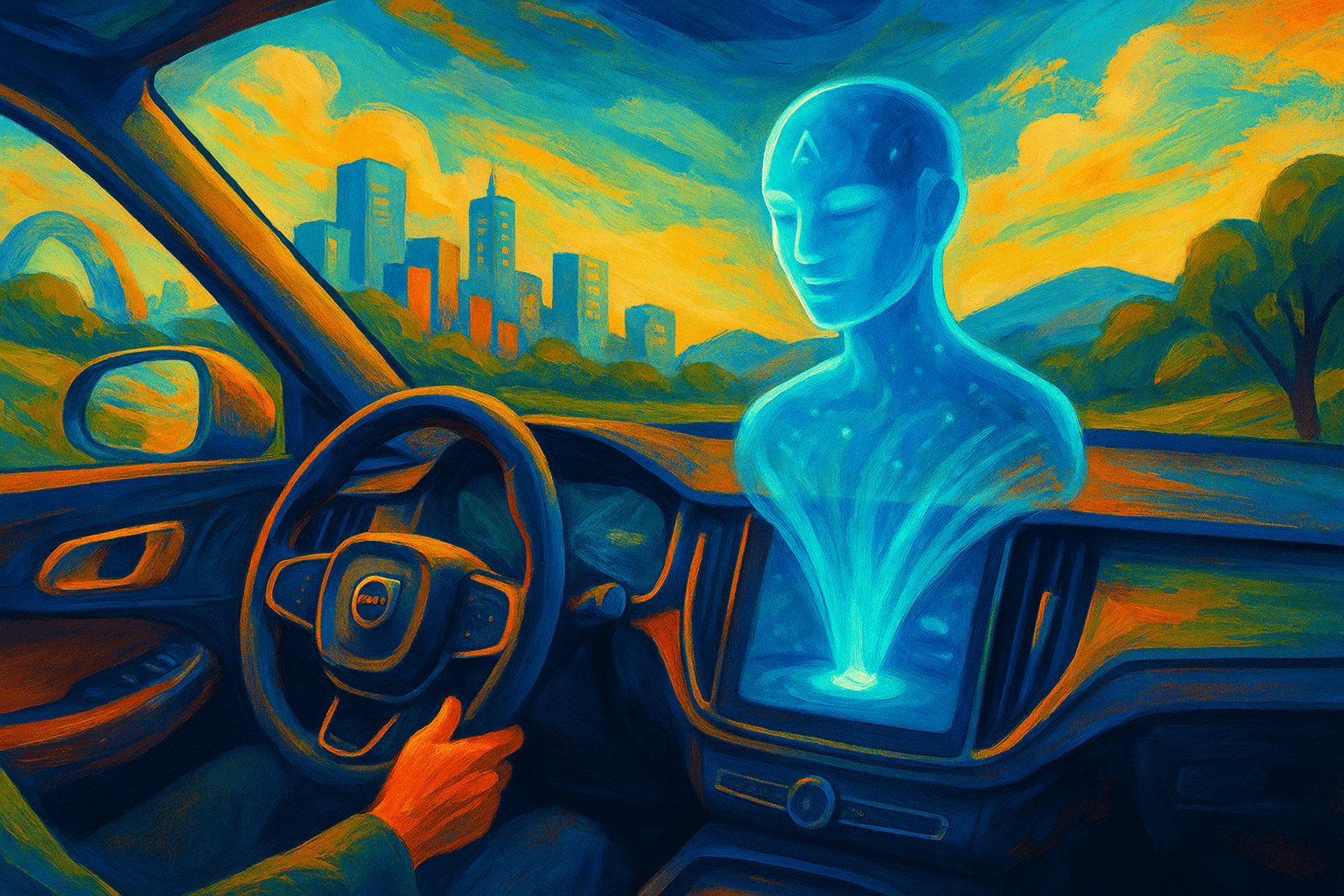 Ilustración artística de un coche Volvo con un asistente de inteligencia artificial holográfico en el salpicadero